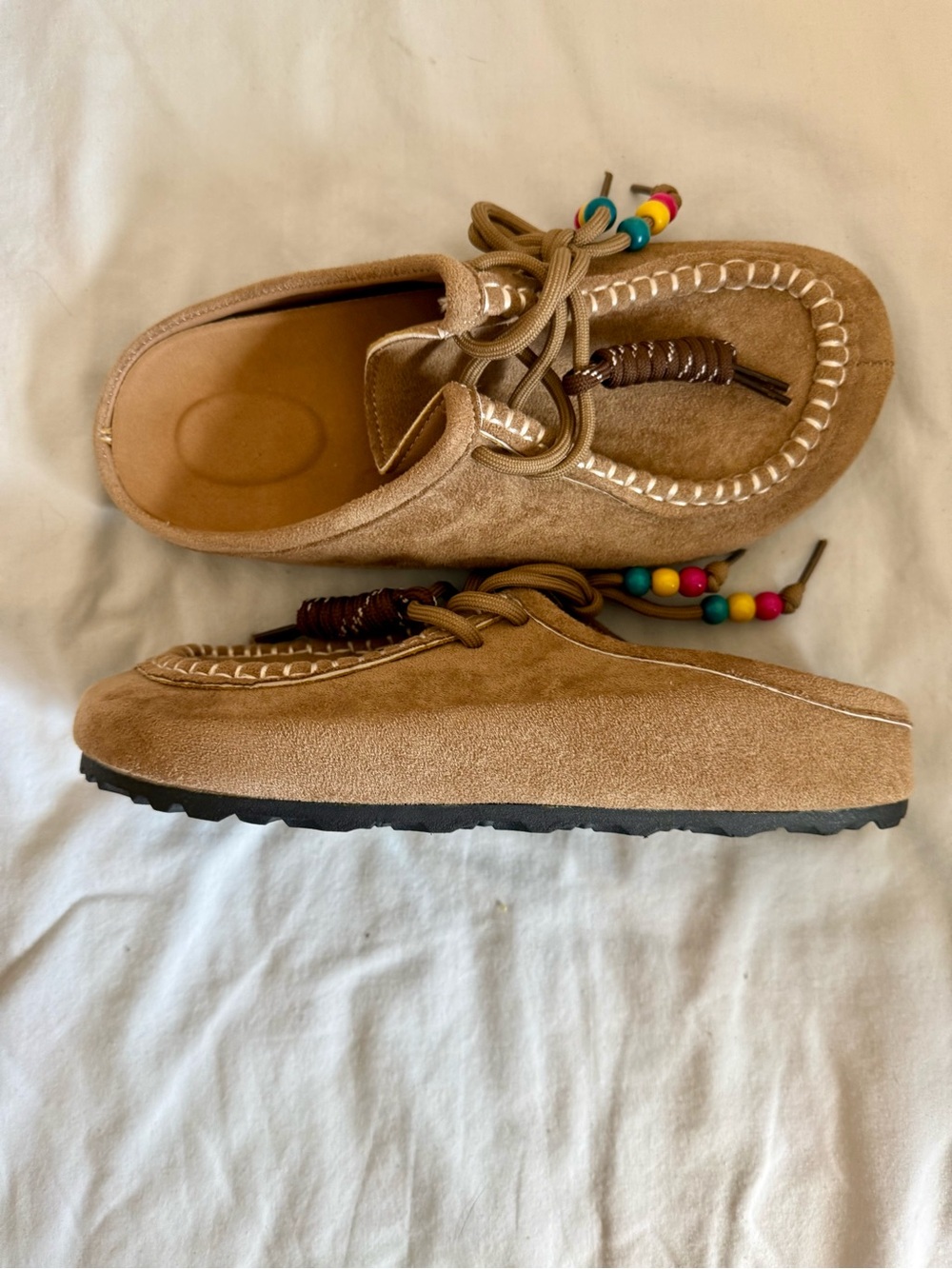 Tan Suede Women's Moccasin Slip-Ons with Colorful Bead Accents - Picture 5 of 8